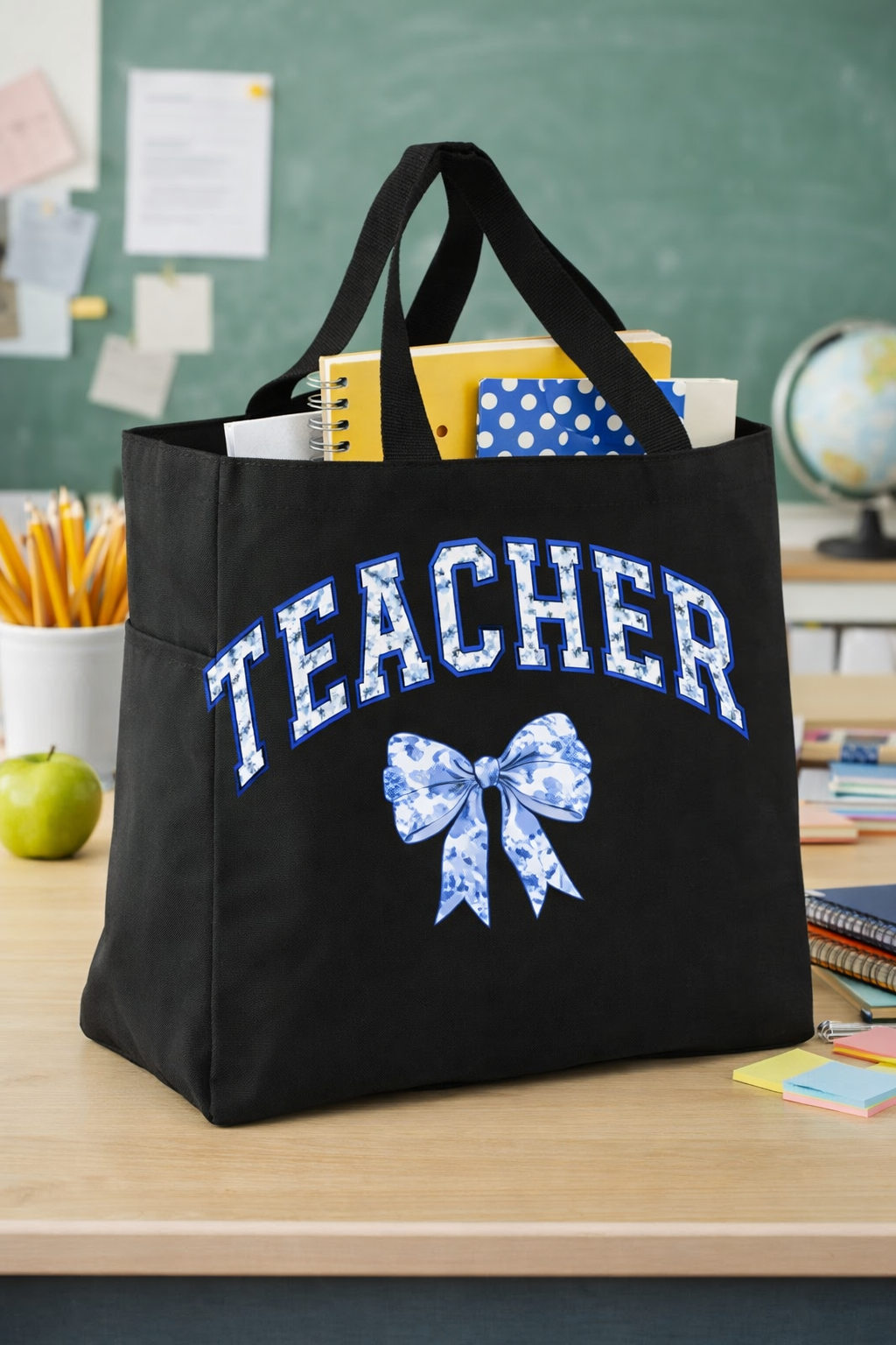 Blue Flower Bow Teacher Tote