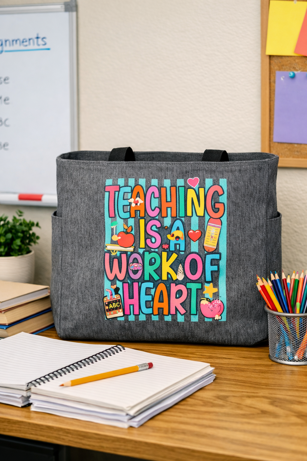 Teaching is a work of heart tote